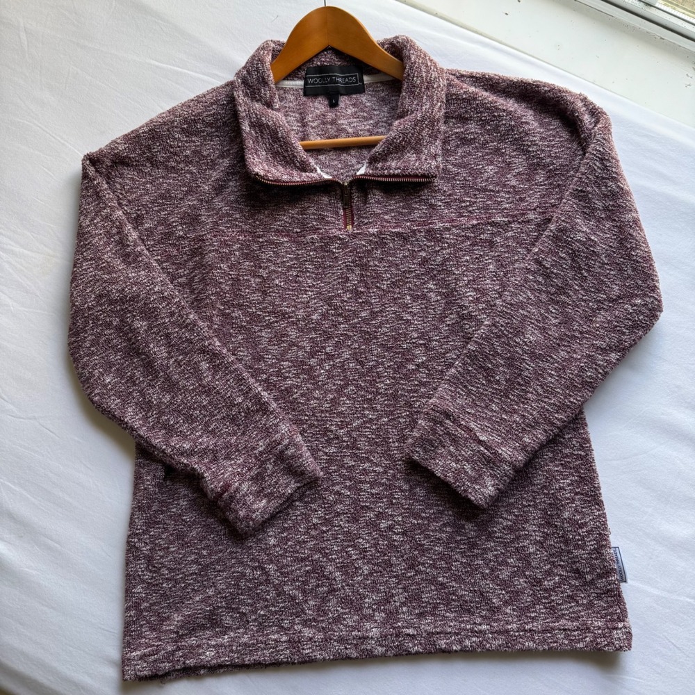 Woolly Threads Quarter Zip Pullover Burgundy Marled Textured Fleece Mens Large